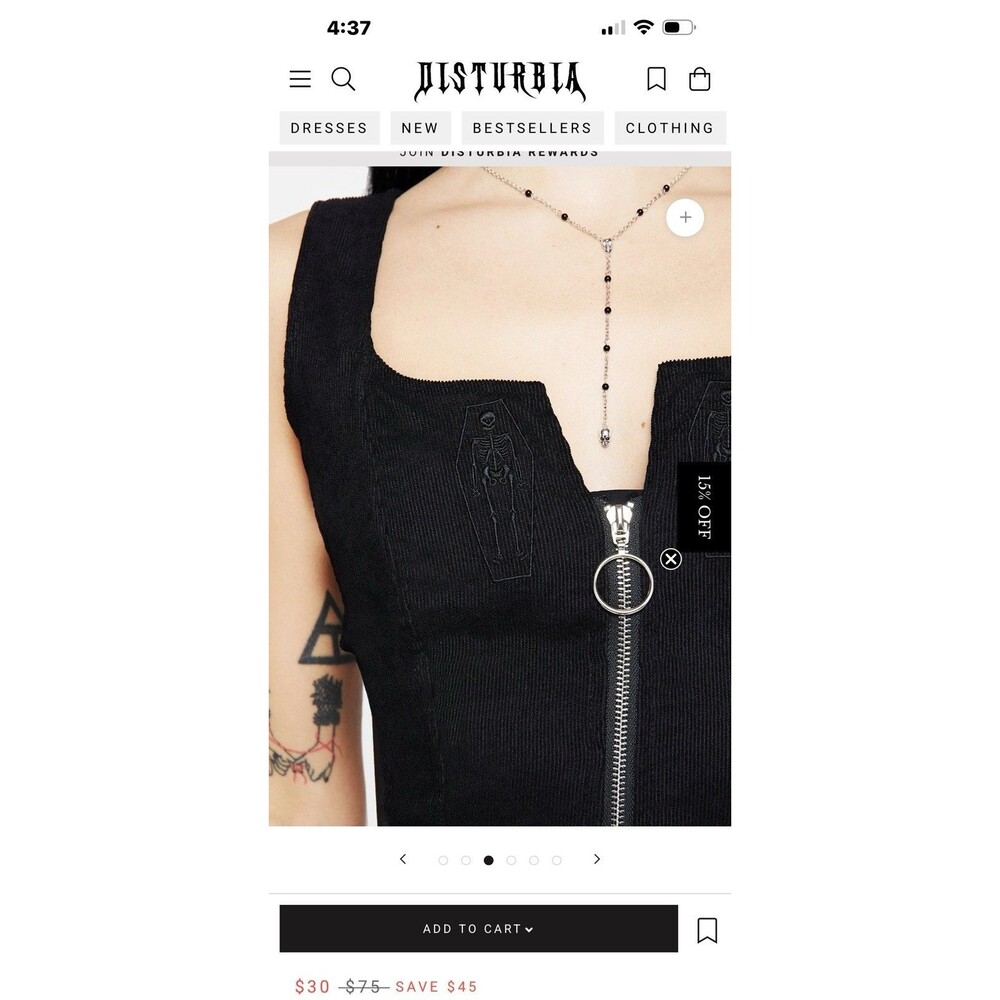 Disturbia Black Zip Corduroy Coffin Embroidered mini Dress Size 12 Bonus Top - Picture 2 of 15